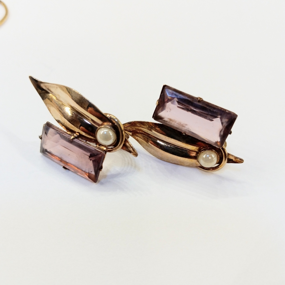 Vintage Gold Over Sterling Purple Stone Brooch And Earrings - Picture 4 of 7